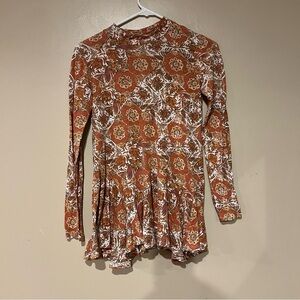 Free People Top Medium Womens Orange Long Sleeve Flounced Tunic Jersey Knit